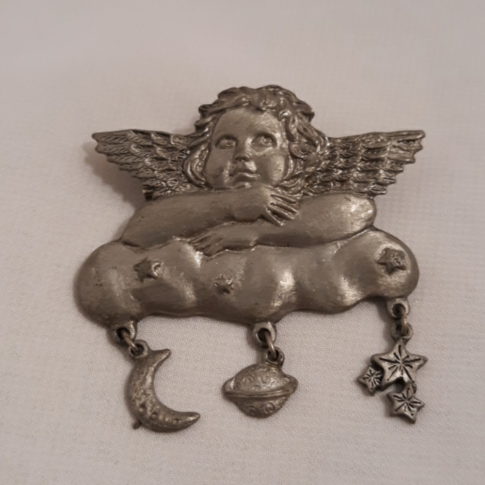 Vintage Pewter Cherub Pin Signed - image 1
